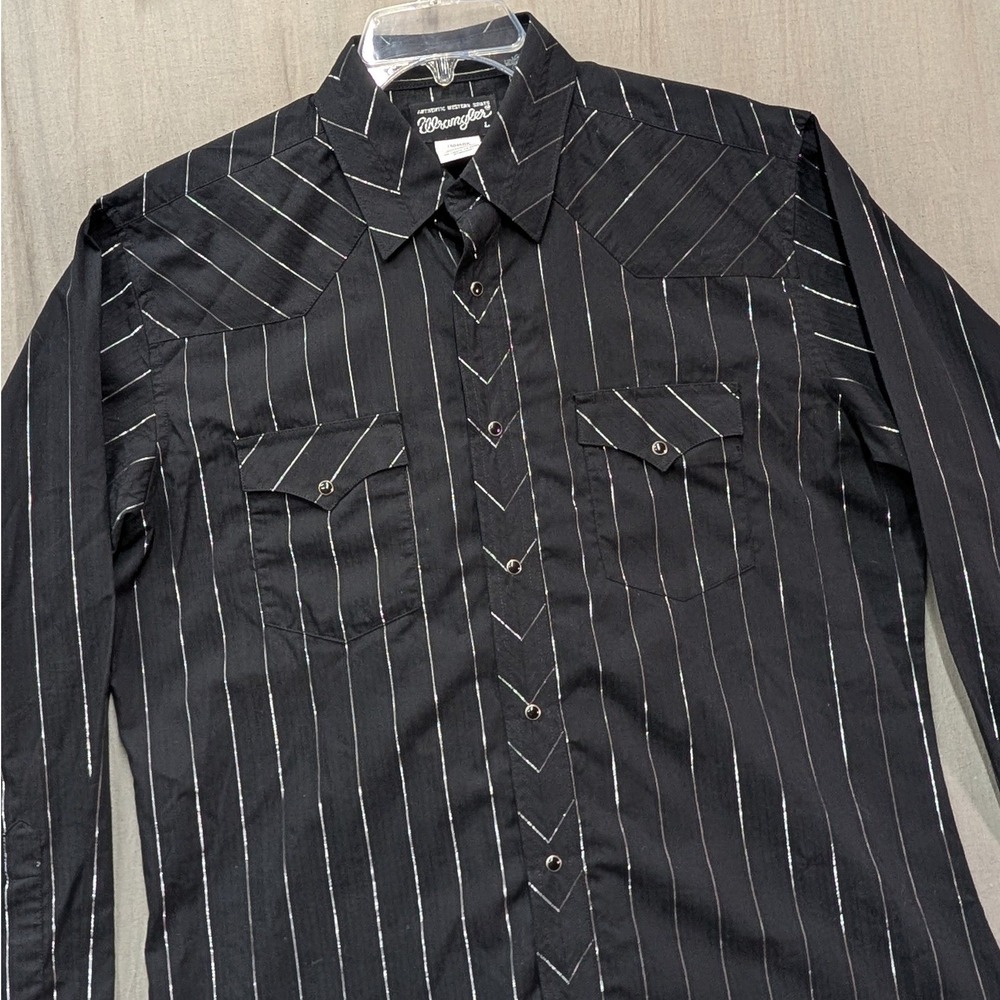 Wrangler Mens Western Shirt Black Silver Metallic Pinstripe Pearl Snap L 75046BK